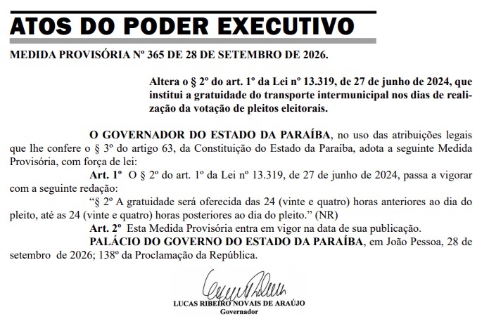 Eleitores terão transporte intermunicipal gratuito na véspera e pós-eleições, na Paraíba