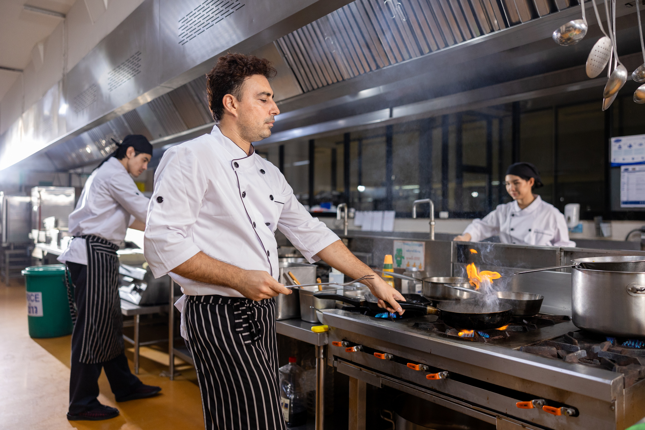 Chefs cooking in a restaurant kitchen.