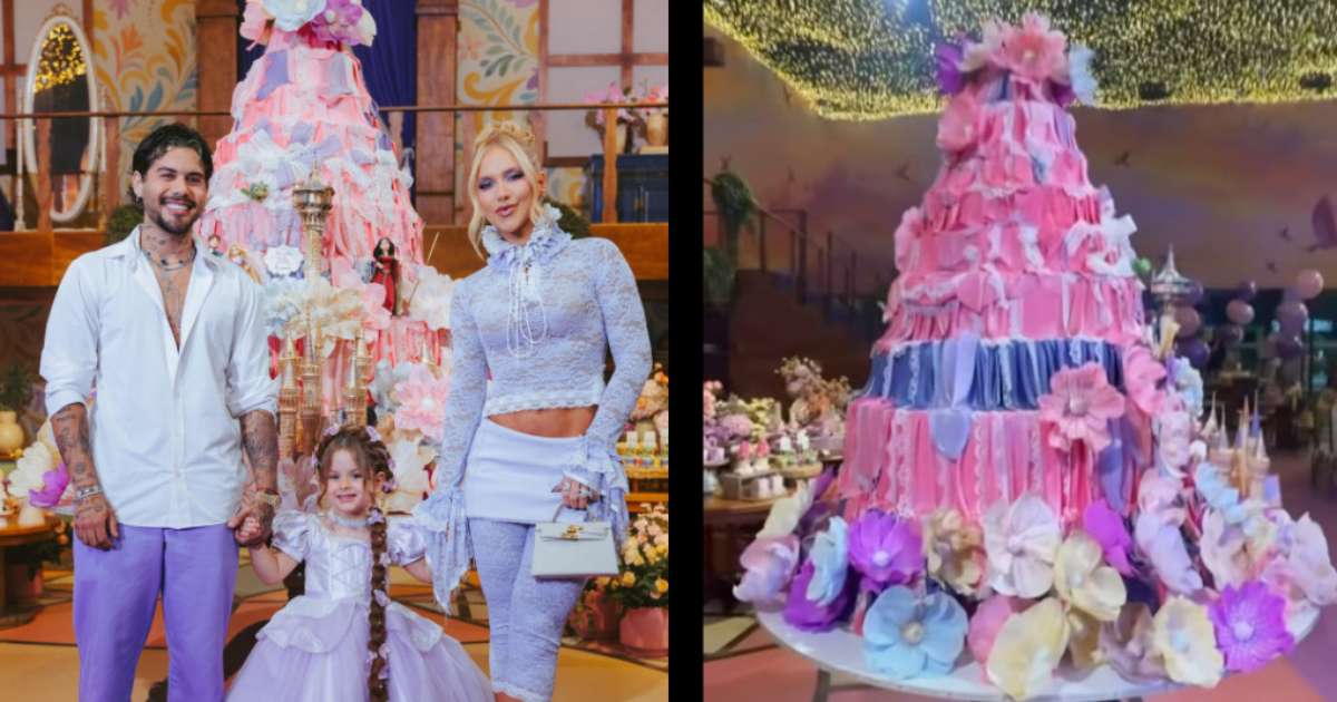 Bolo de Maria Flor, filha de Virginia e Zé Felipe, tem mais de 3 metros e impressiona
