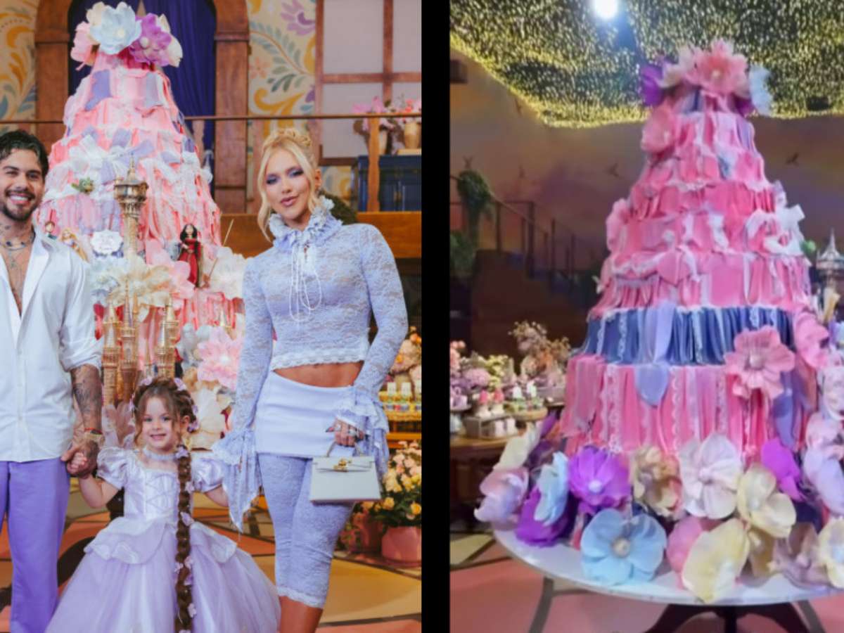 Bolo de Maria Flor, filha de Virginia e Zé Felipe, tem mais de 3 metros e impressiona