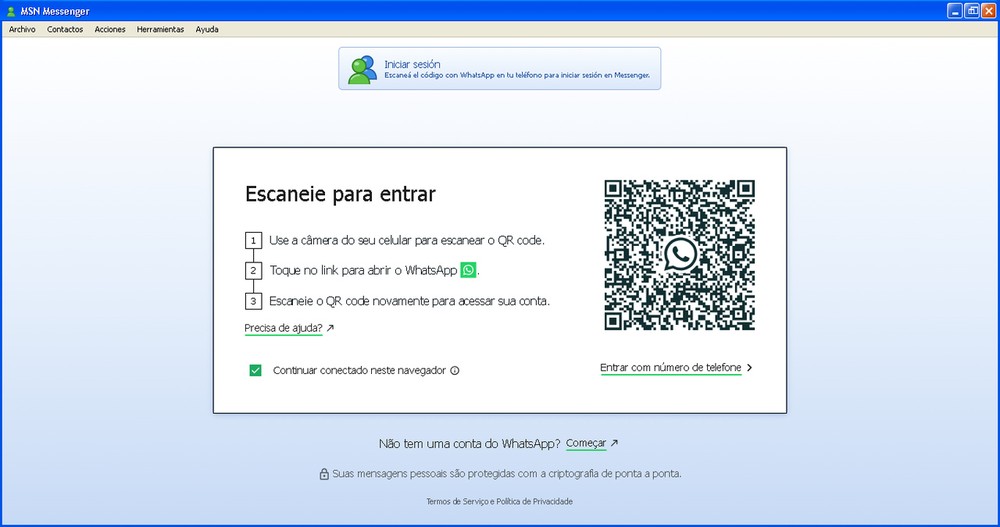 Para entrar no Retro Messenger ele usa a tela de conexão com o WhatsApp por QR Code — Foto: Reprodução/ Retro Messenger