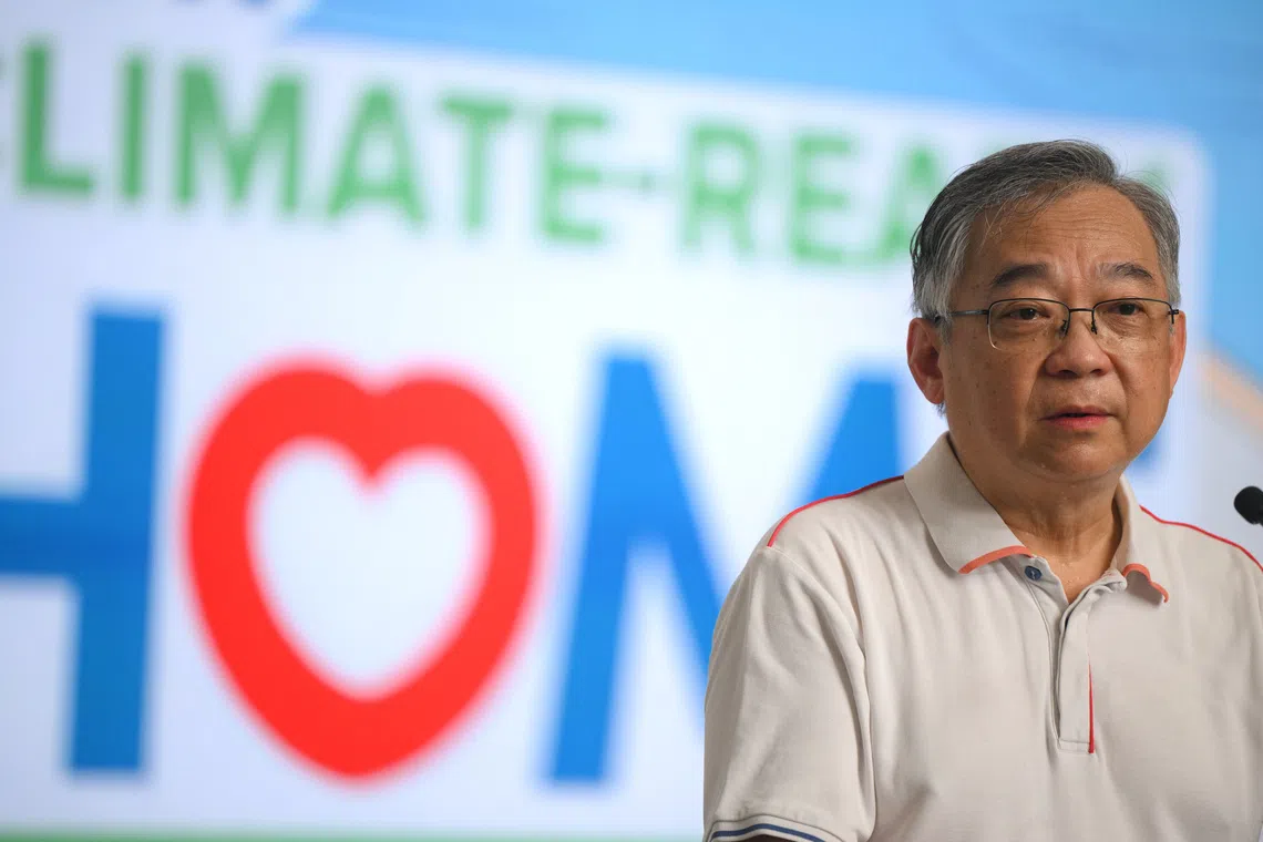 Deputy Prime Minister Gan Kim Yong speaking atthe launch of the Our Climate-Ready Home exhibition at One Punggol on Oct 24.
